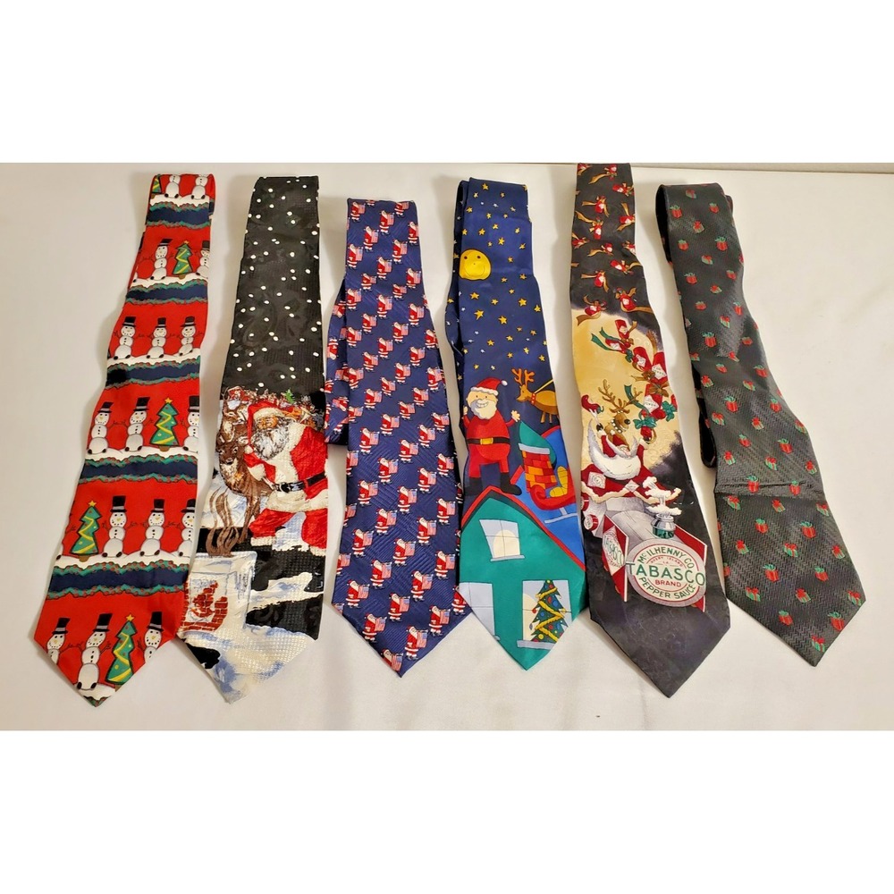 Lot of 6 Christmas Holiday‎ Men's Neck Ties Snowman Santa USA Present Tabasco